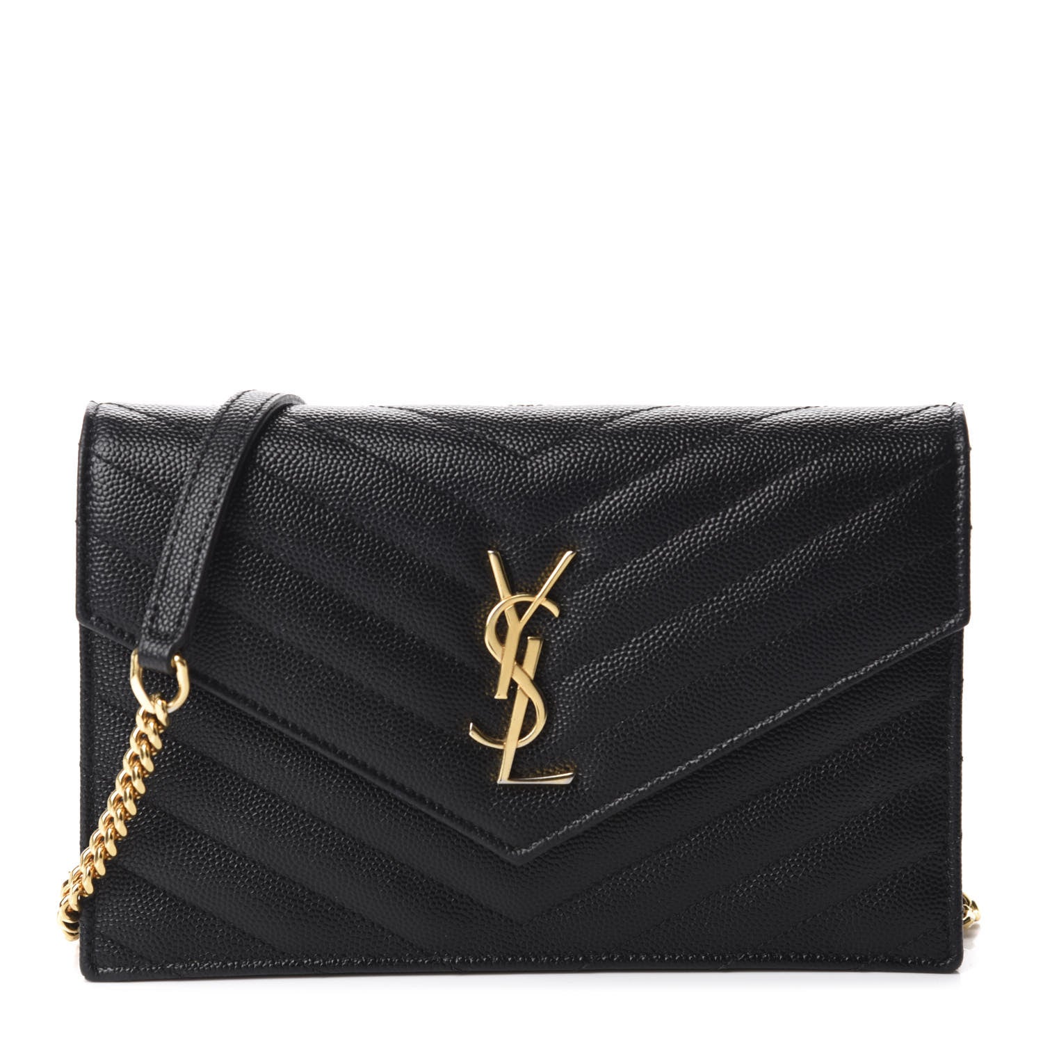 Saint Laurent Grain De Poudre Matelasse Chevron Monogram Envelope Chain Wallet Black 1 of 13