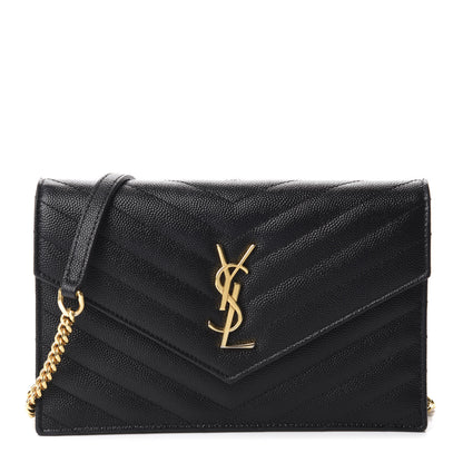 Saint Laurent Grain De Poudre Matelasse Chevron Monogram Envelope Chain Wallet Black 1 of 13
