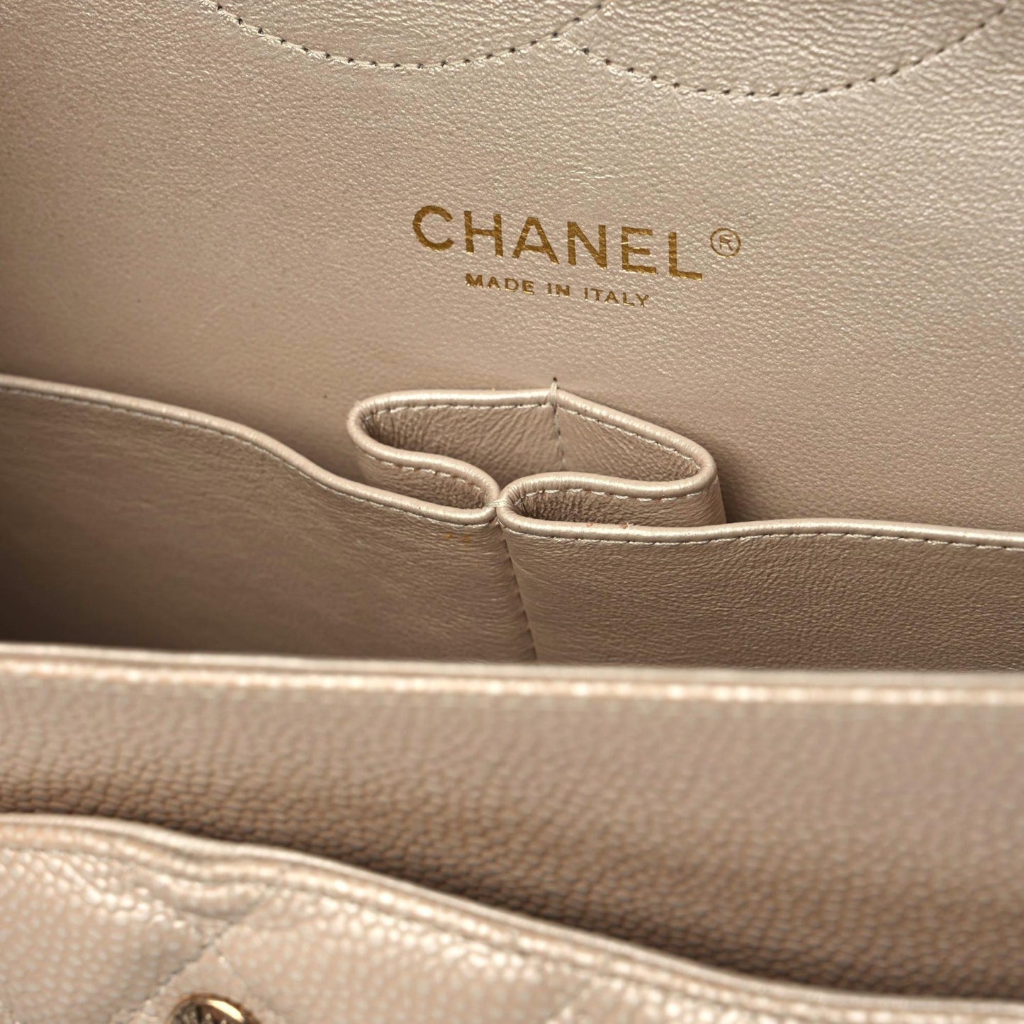 Iridescent Caviar Quilted Jumbo Double Flap Beige
