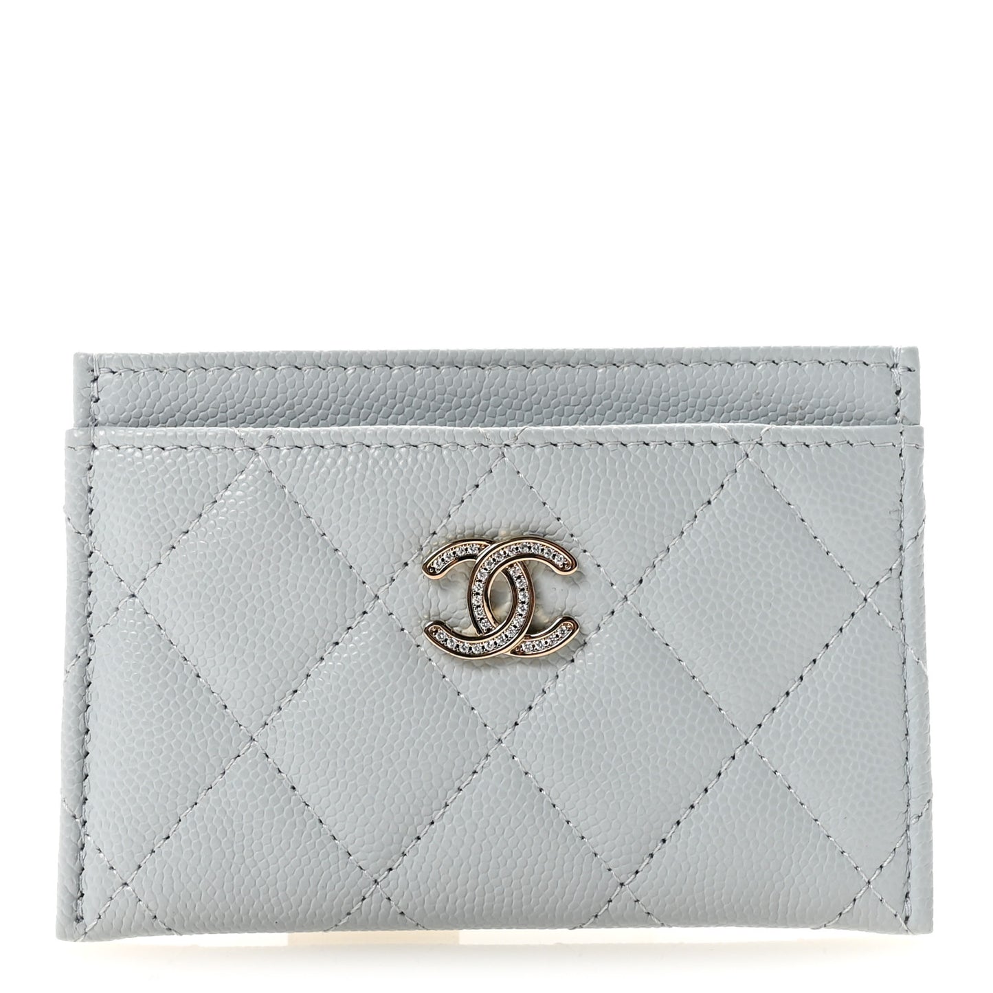 Caviar Quilted Crystal CC Logo Card Holder Light Blue