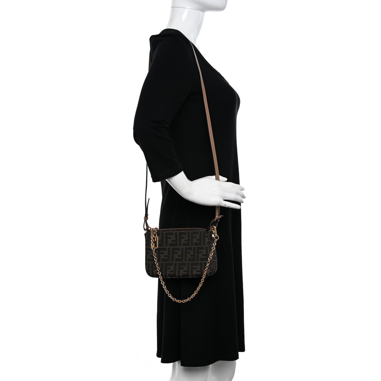 Fendi Fabric Jacquard Vitello Grace FF 1974 Baguette Pouch Tobacco Moro Sand 2 of 10