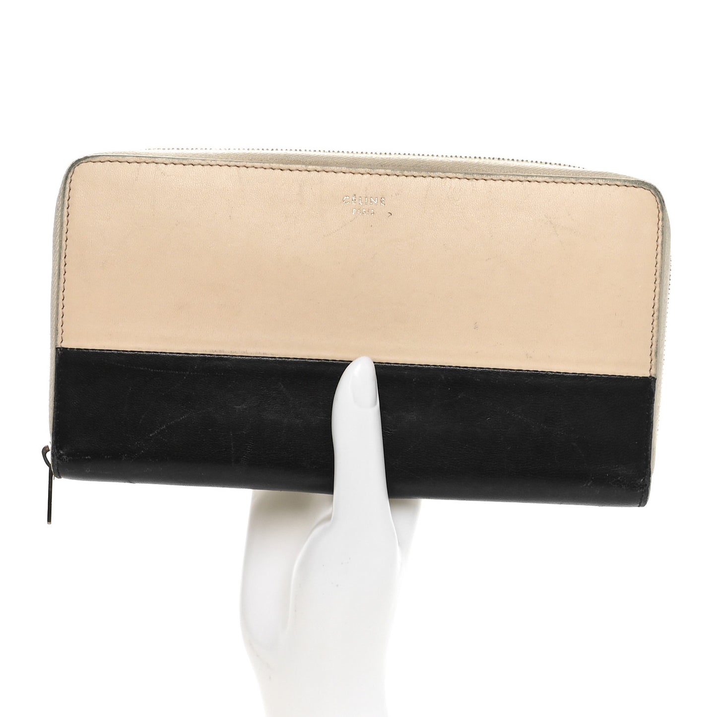 Lambskin Large Zip Around Multifunction Wallet Beige Black