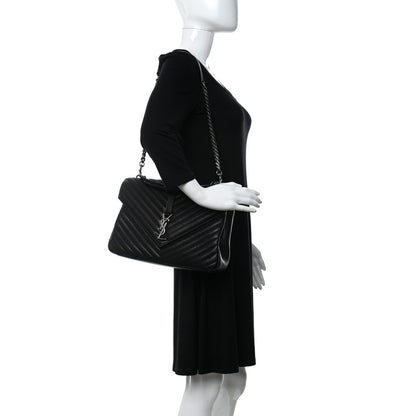 Saint Laurent Sheepskin Matelasse Chevron Monogram Large College Satchel Black 3 of 16