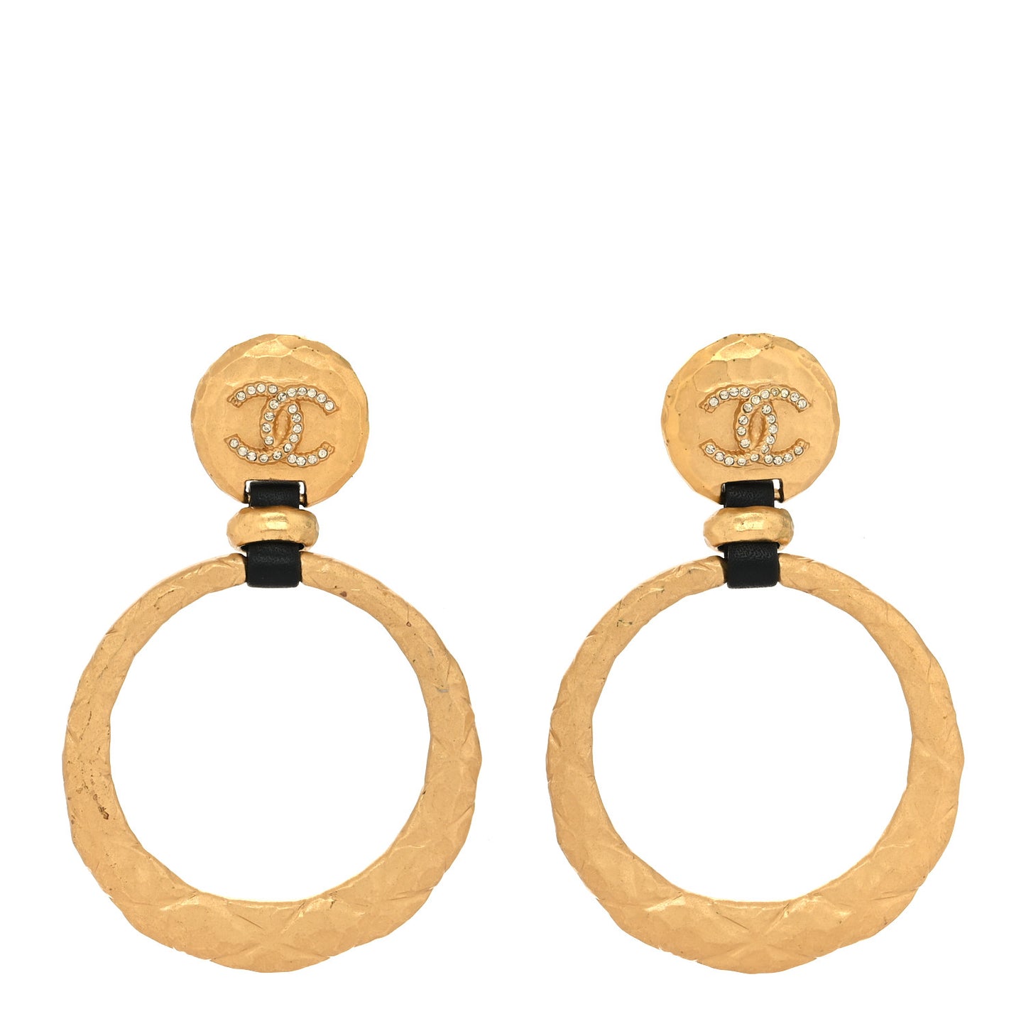 Metal Hammered Crystal CC Drop Earrings Gold