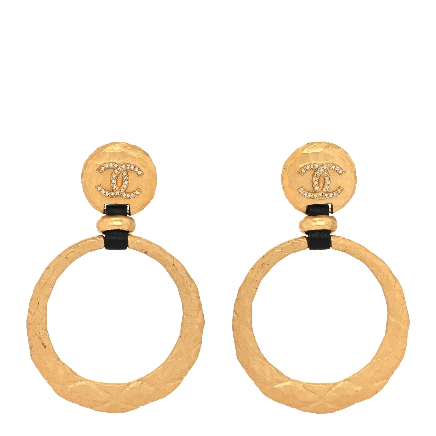 Chanel Metal Hammered Crystal CC Drop Earrings Gold 1 of 4