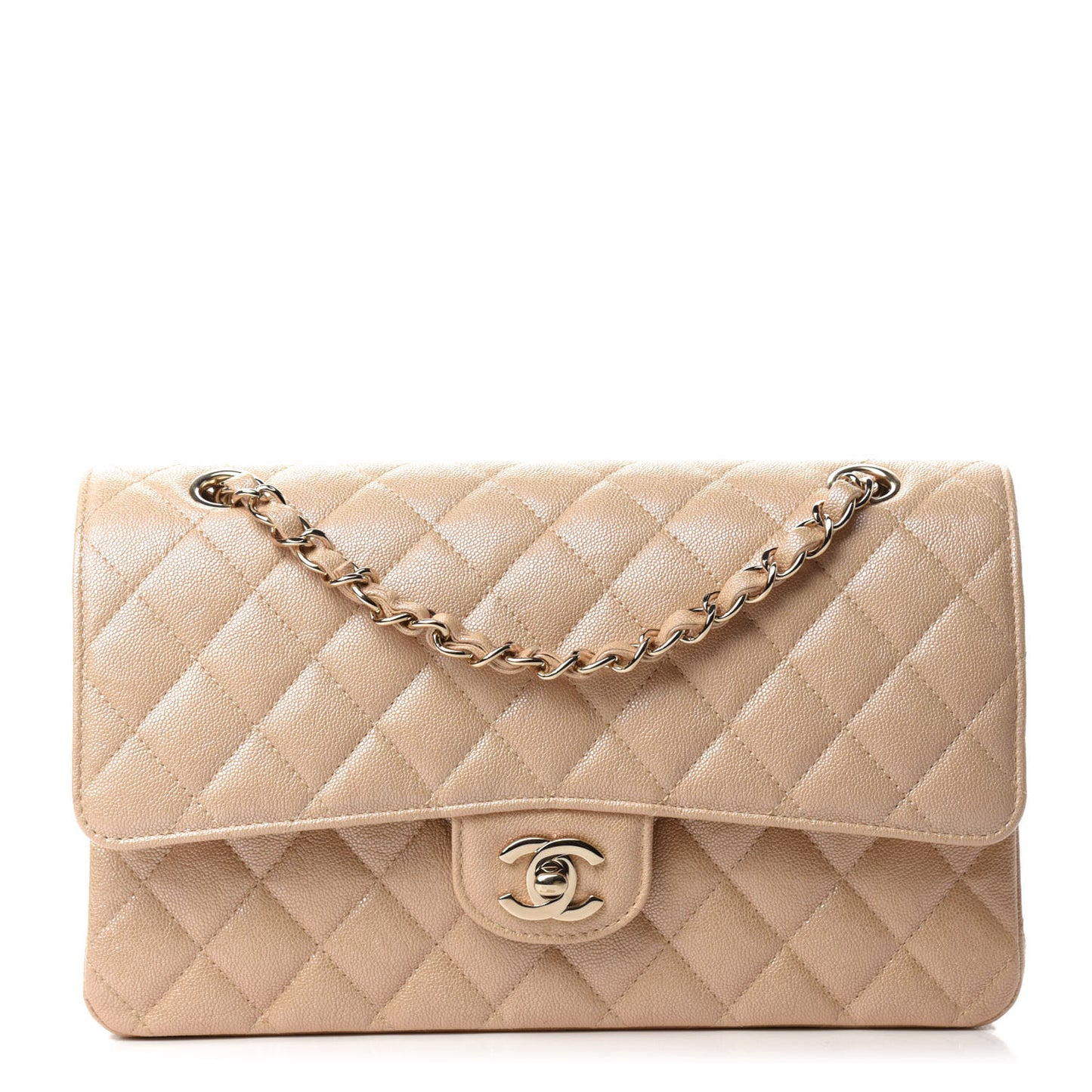 Iridescent Caviar Quilted Medium Double Flap Beige