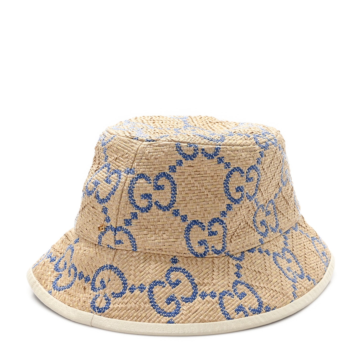 Gucci Raffia GG Monogram Embroidered Fedora Hat S Beige Blue 1 of 9