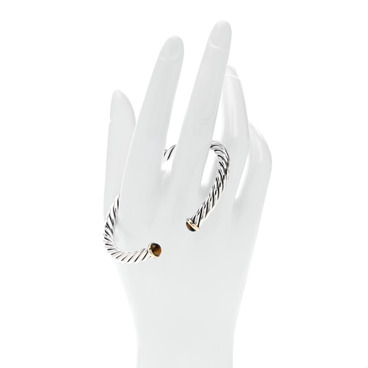 David Yurman Sterling Silver 14K Yellow Gold Tiger's Eye 6mm Cable Cuff Bracelet 2 of 6