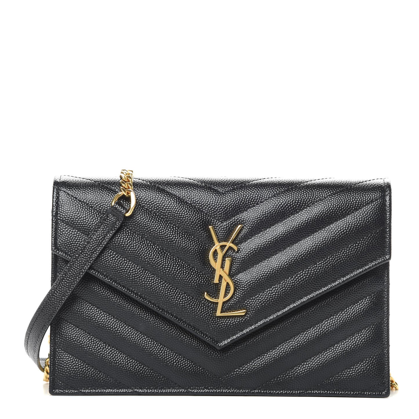 Grain De Poudre Matelasse Chevron Monogram Envelope Chain Wallet Black