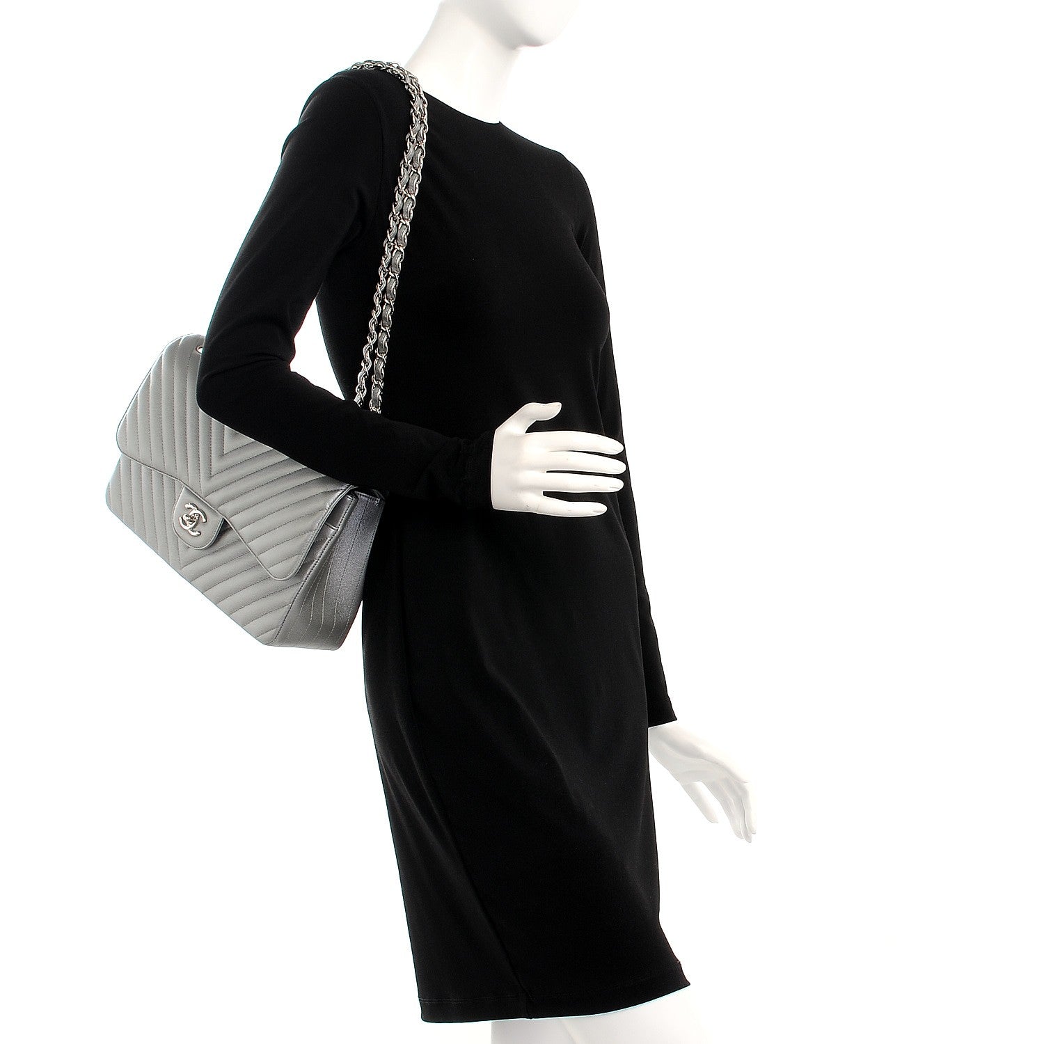 Chanel Metallic Caviar Chevron Quilted Jumbo Double Flap Silver 2 of 10