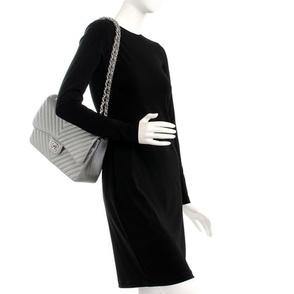 Chanel Metallic Caviar Chevron Quilted Jumbo Double Flap Silver 2 of 10
