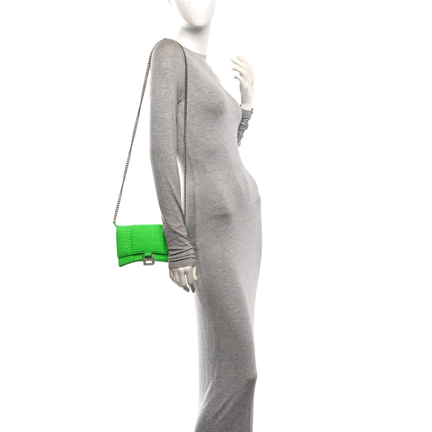 Shiny Calfskin Strass Crocodile Embossed Hourglass Chain Bag Fluo Green