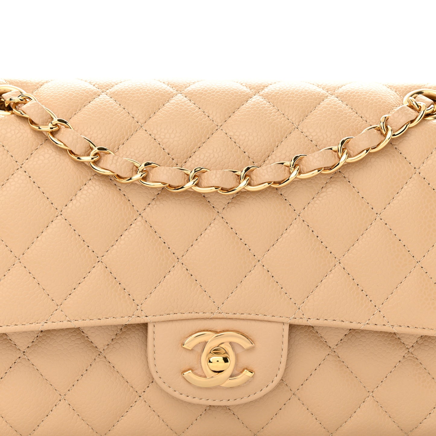 Caviar Quilted Medium Double Flap Beige