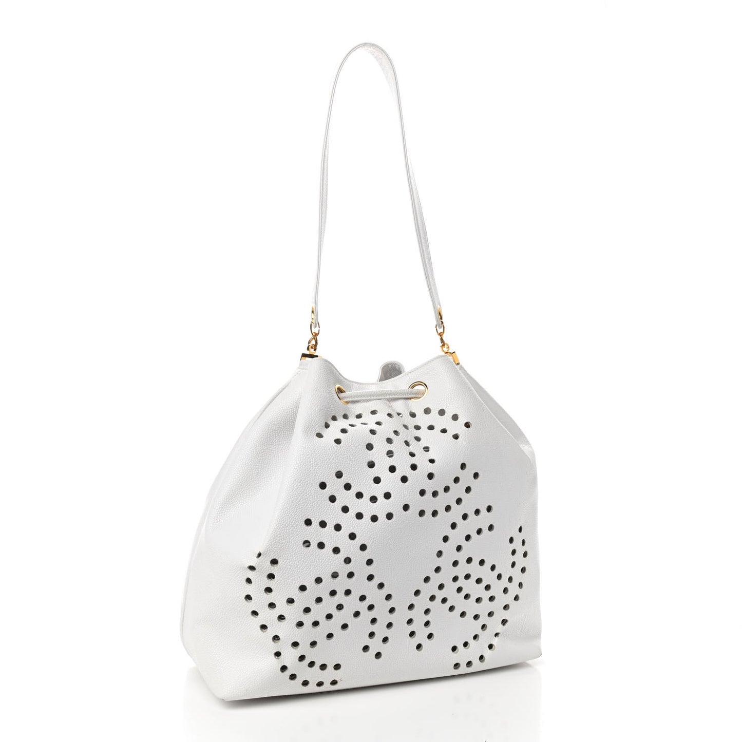 Caviar Perforated Drawstring Hobo White