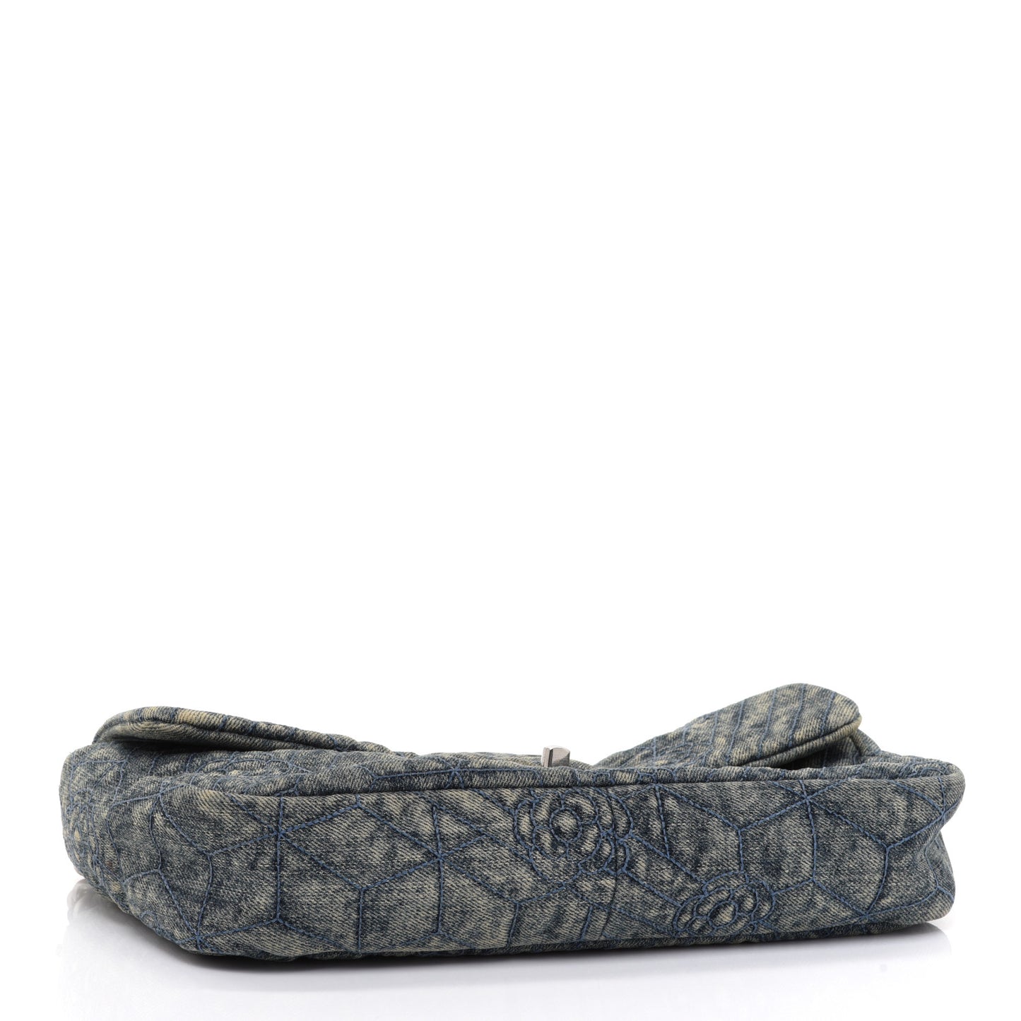 Denim Quilted Camellia Embroidered Medium Flap Blue