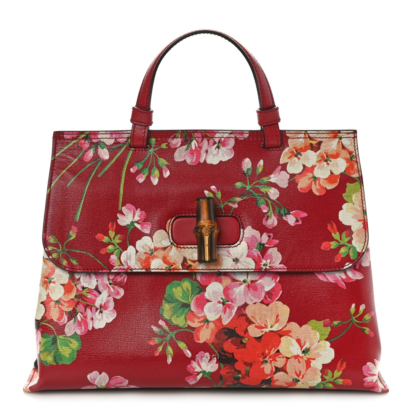 Shangai Calfskin Blooms Print Medium Bamboo Daily Top Handle Bag Romantic Cerise Multicolor
