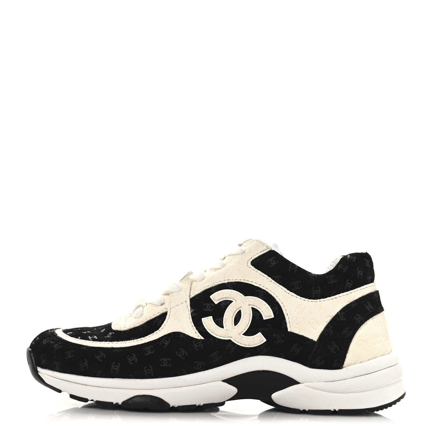 Nylon Suede Calfskin Printed CC Sneakers 36.5 White Black