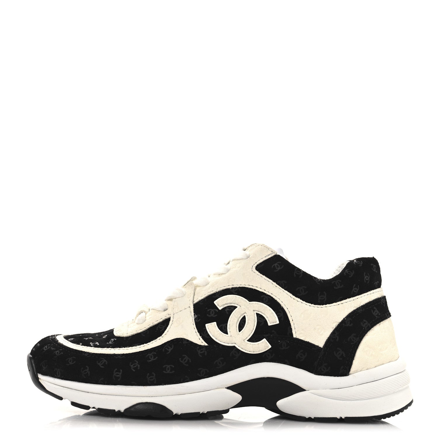 Chanel Nylon Suede Calfskin Printed CC Sneakers 36.5 White Black 1 of 8