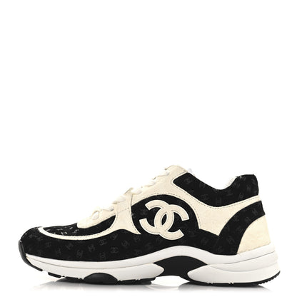 Chanel Nylon Suede Calfskin Printed CC Sneakers 36.5 White Black 1 of 8