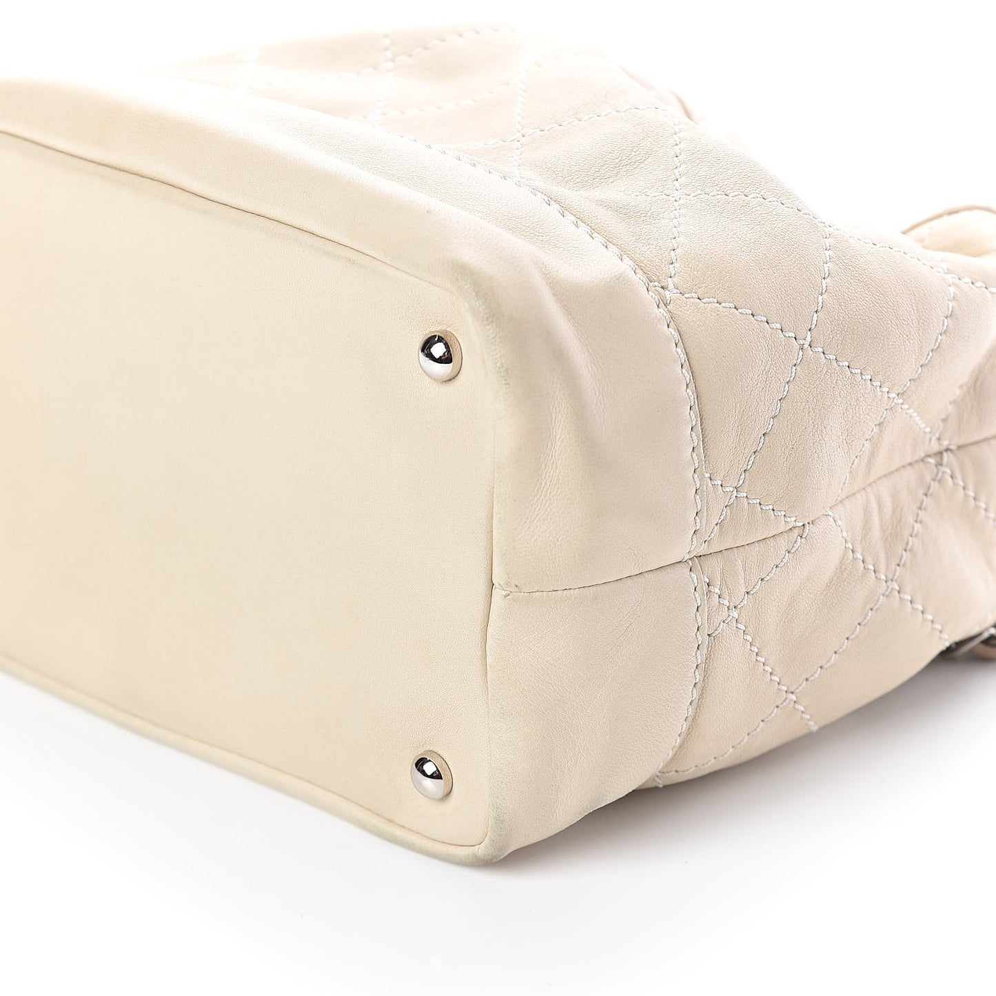 Lambskin Contrast Stitch Small Drawstring Tote Ivory
