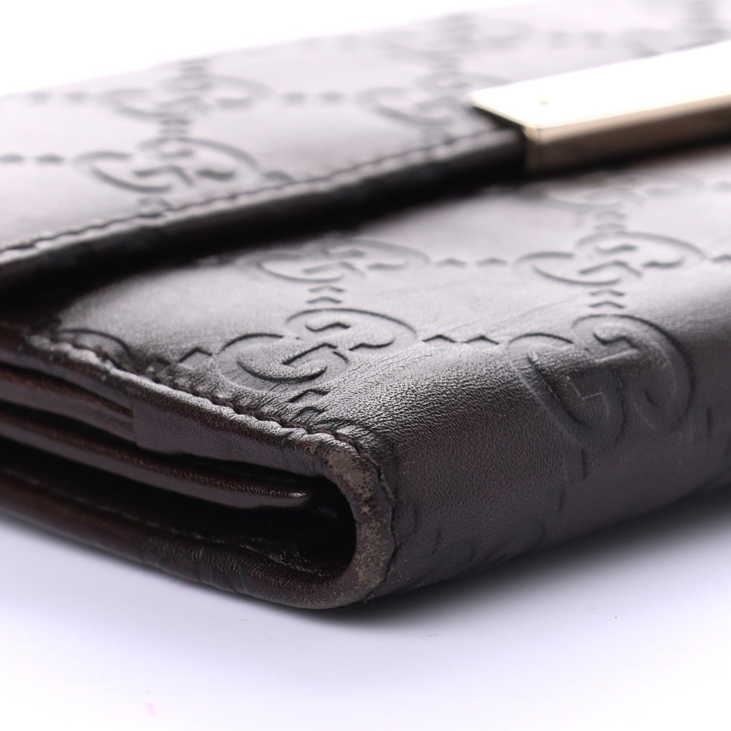 Gucci Guccissima Margaux Calfskin Metal Bar Continental Flap Wallet Chocolate 10 of 11