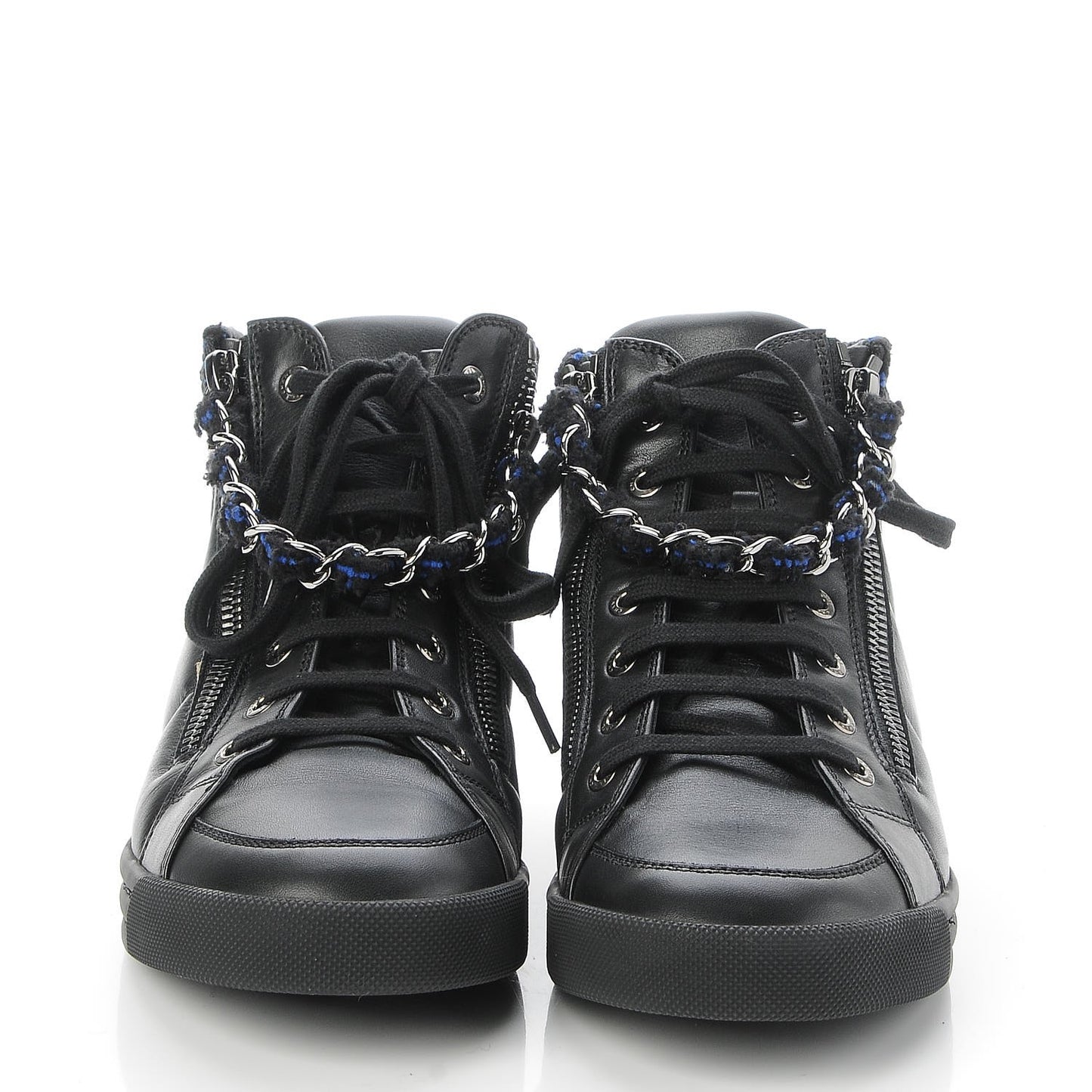 Lambskin Tweed Zipped Sneakers 38.5 Black Blue