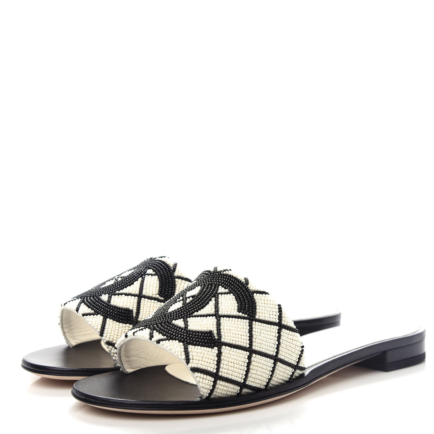 Chanel Pearl Embroidery Flat Sandals 38.5 White Black 3 of 11