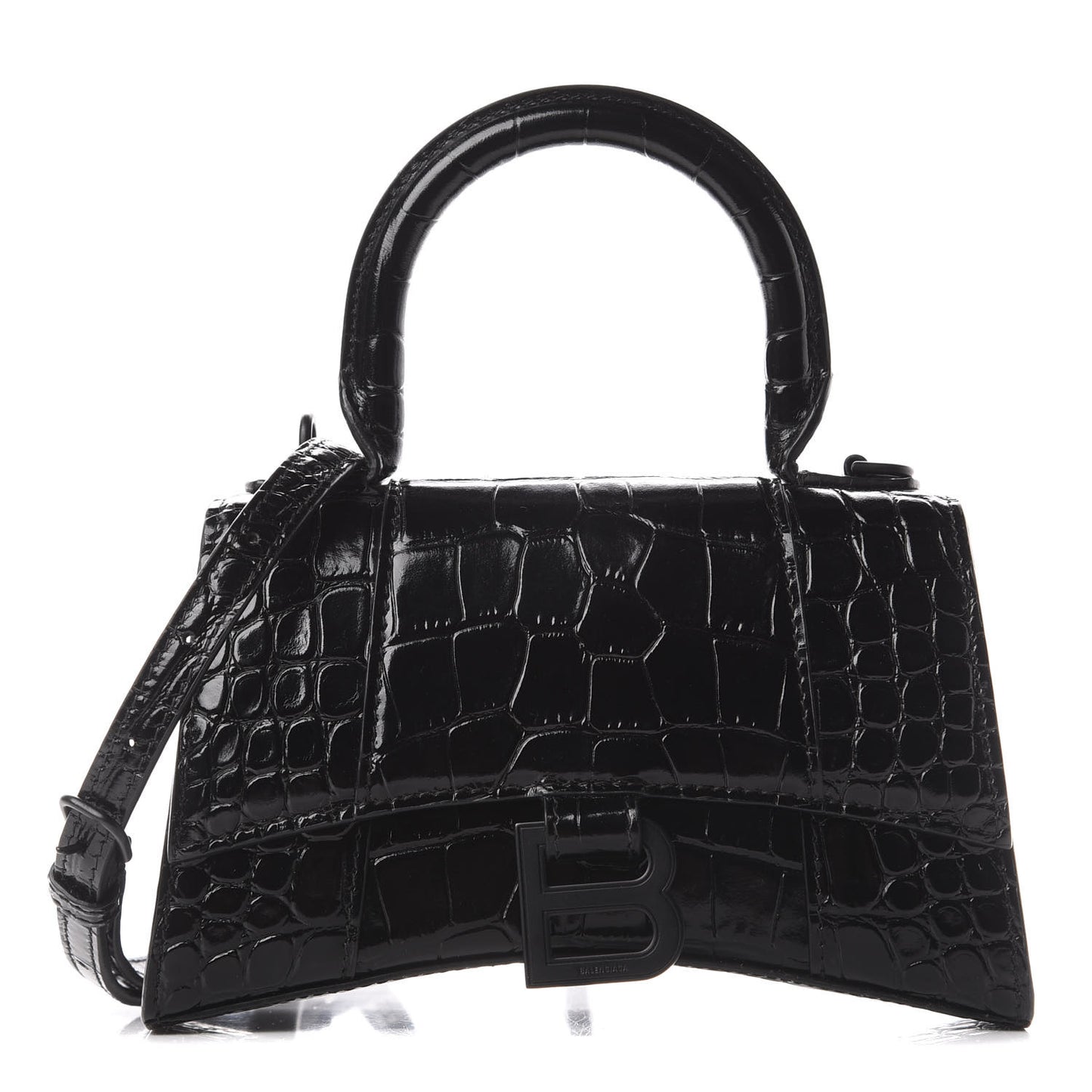 Shiny Calfskin Monochrome Crocodile Embossed Hourglass Top Handle Bag XS Black