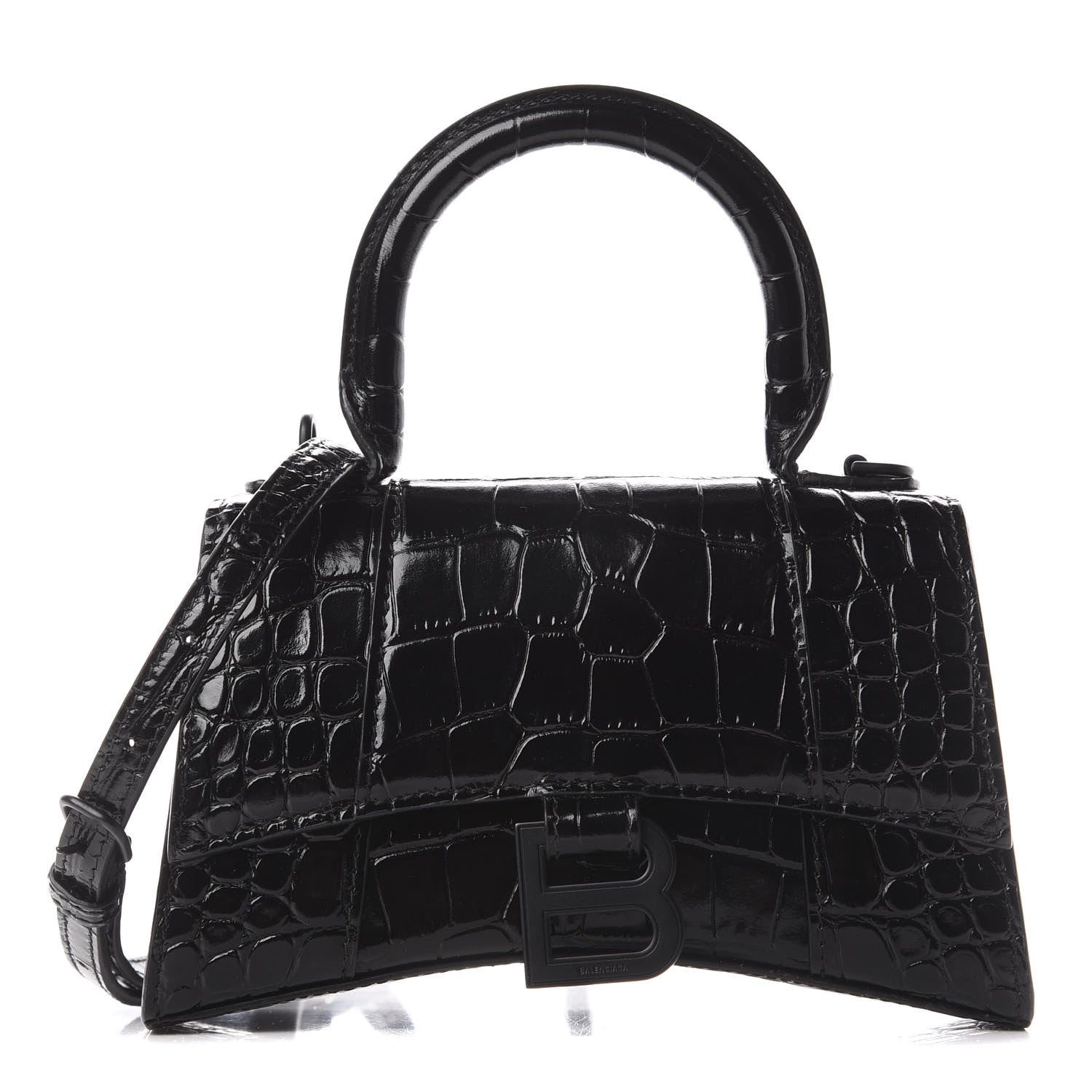 Balenciaga Shiny Calfskin Monochrome Crocodile Embossed Hourglass Top Handle Bag XS Black 1 of 8