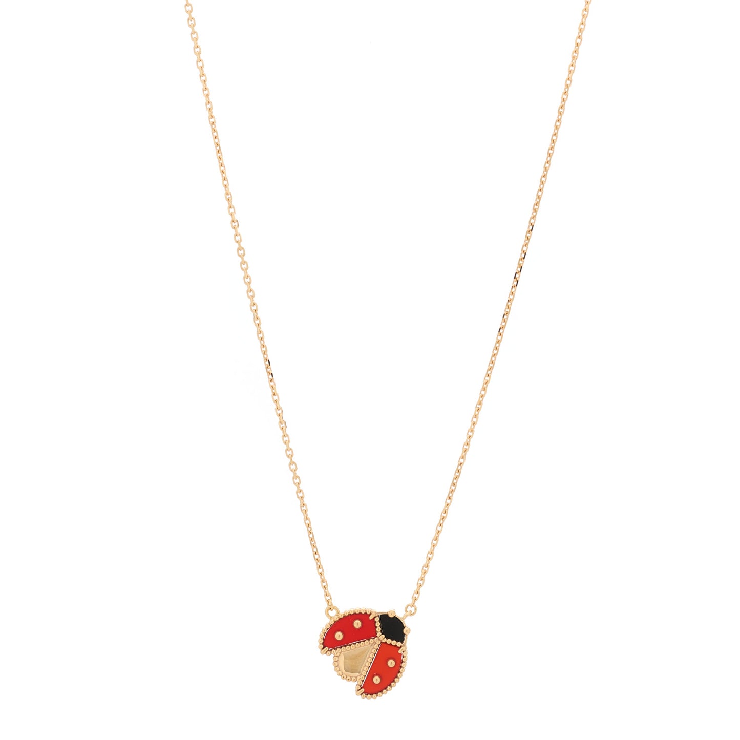 18K Rose Gold Carnelian Black Onyx Lucky Spring Open Wings Lady Bug Pendant Necklace