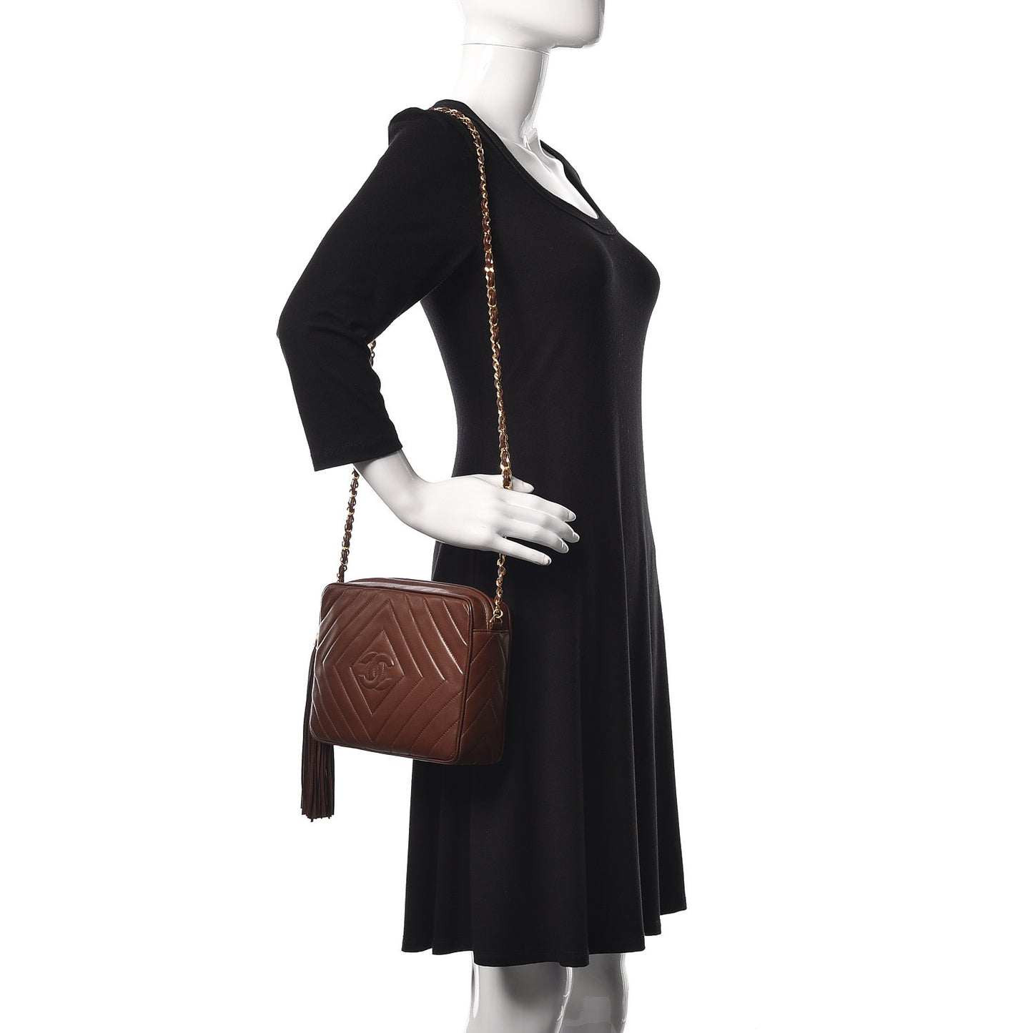Lambskin Chevron Quilted Tassel Camera Case Brown
