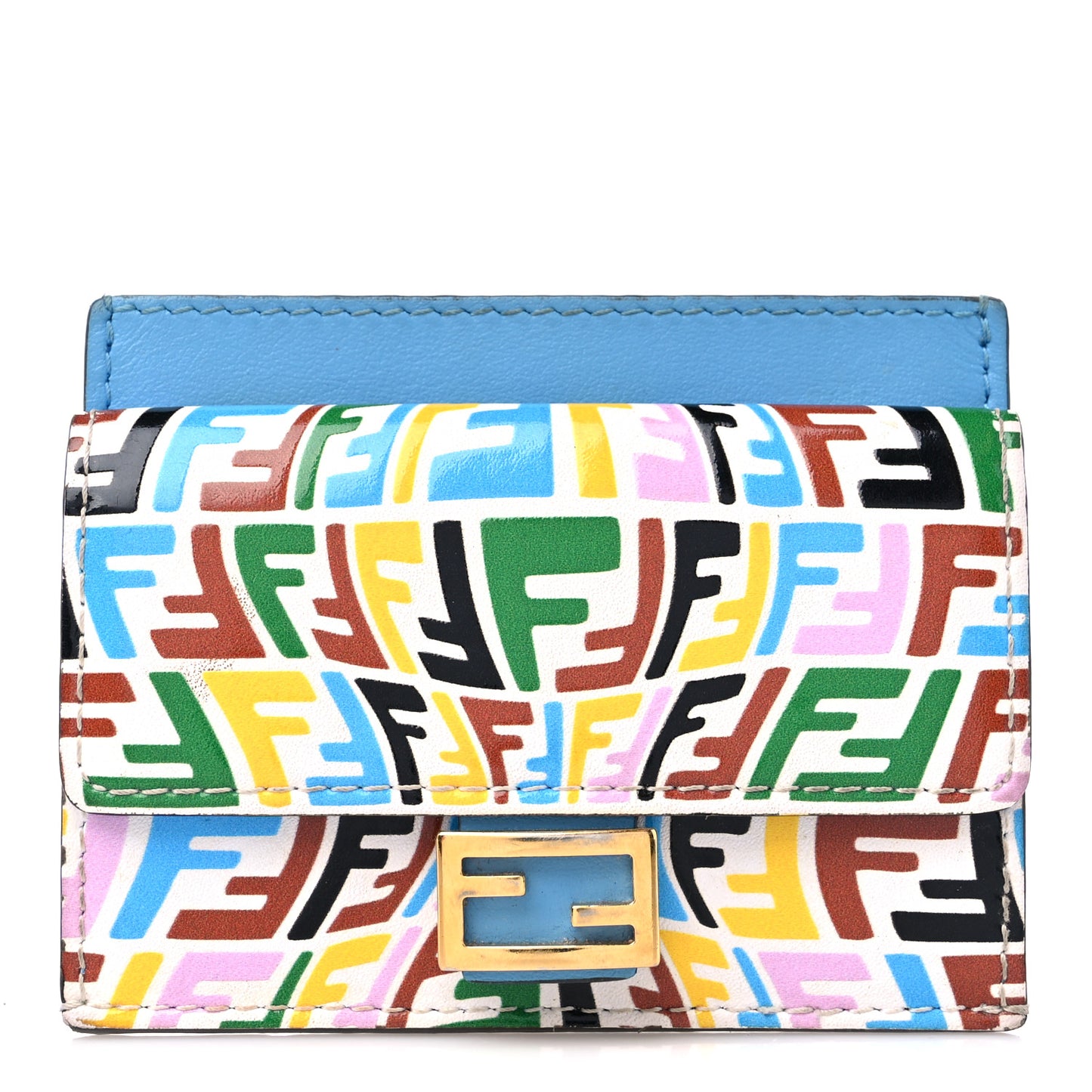 X SARAH COLEMAN Vitello Liberty Ceylon Micro FF Fish Eye Embossed Fold Over Card Holder Wallet Multicolor Cyber Blue