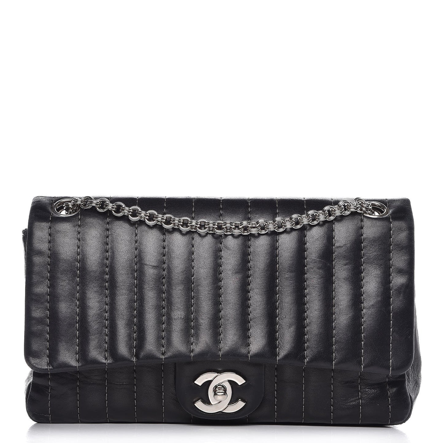 Lambskin Vertical Quilted Medium Single Flap Black