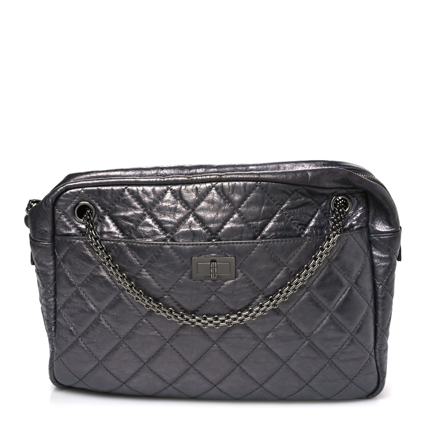 Metallic Aged Calfskin Quilted Large Reissue Camera Case Silver