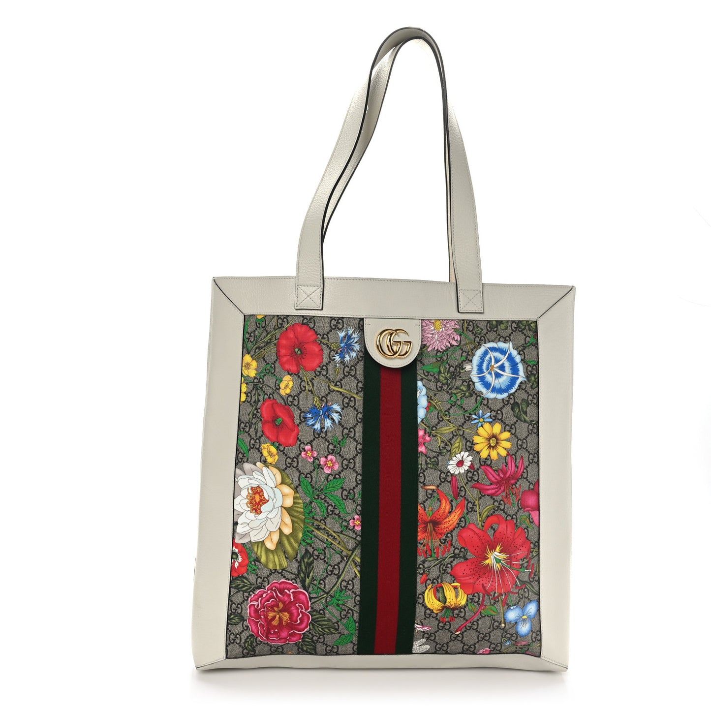 GG Supreme Monogram Flora Web Ophidia Vertical Shopping Tote White