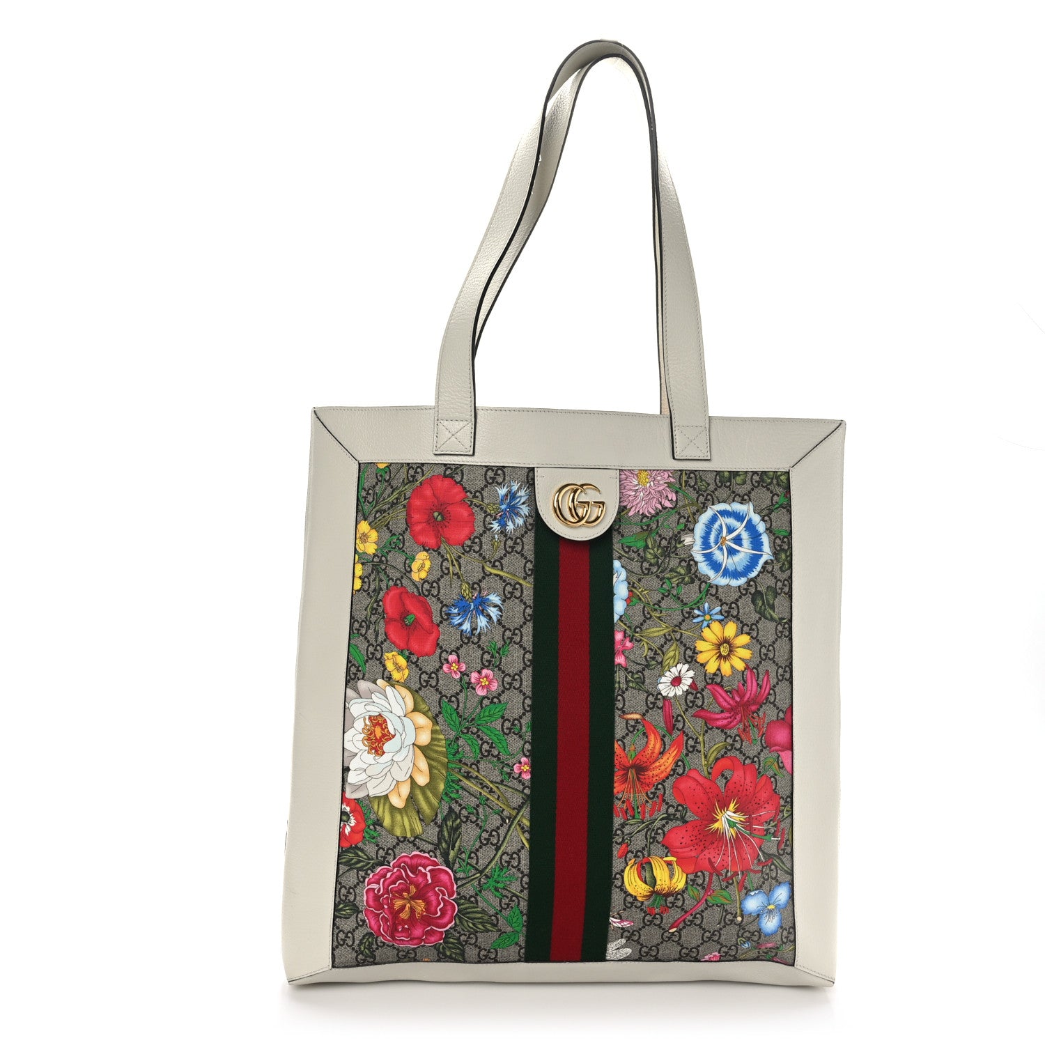 Gucci GG Supreme Monogram Flora Web Ophidia Vertical Shopping Tote White 1 of 10