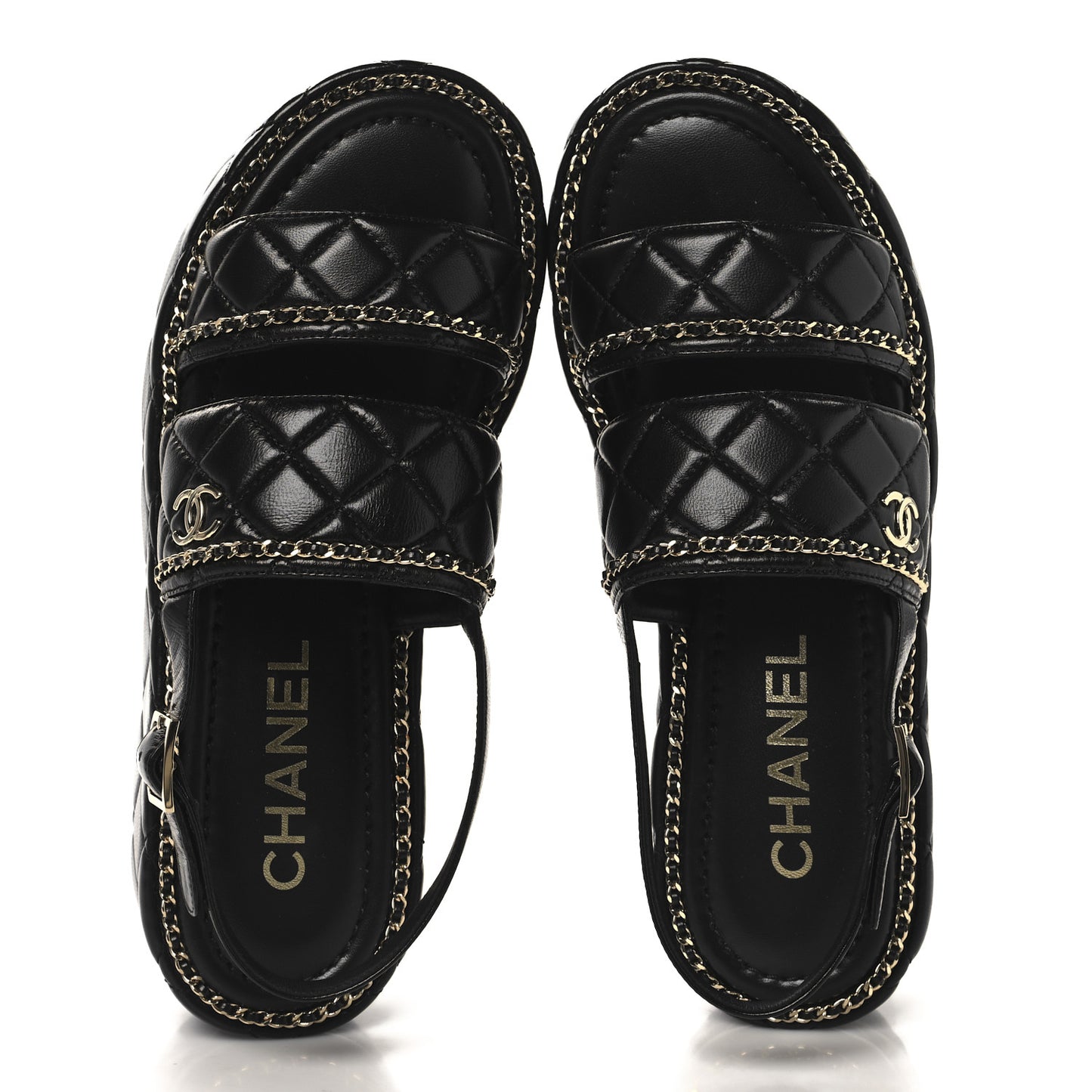 Shiny Lambskin Quilted Chain Around CC Platform Sandals 39 Black