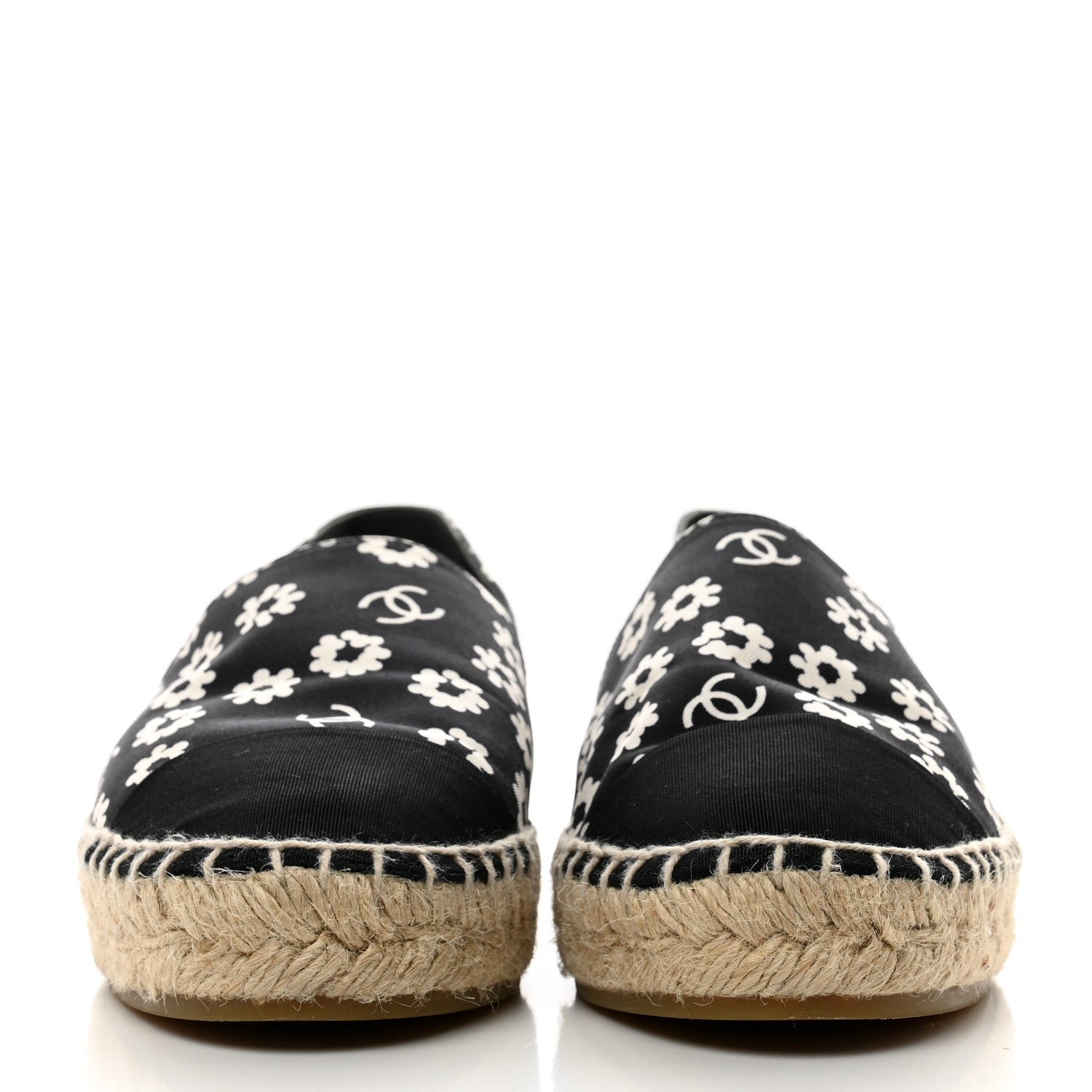 Chanel Fabric Printed Grosgrain Floral Espadrilles 38 Black Ivory 2 of 10