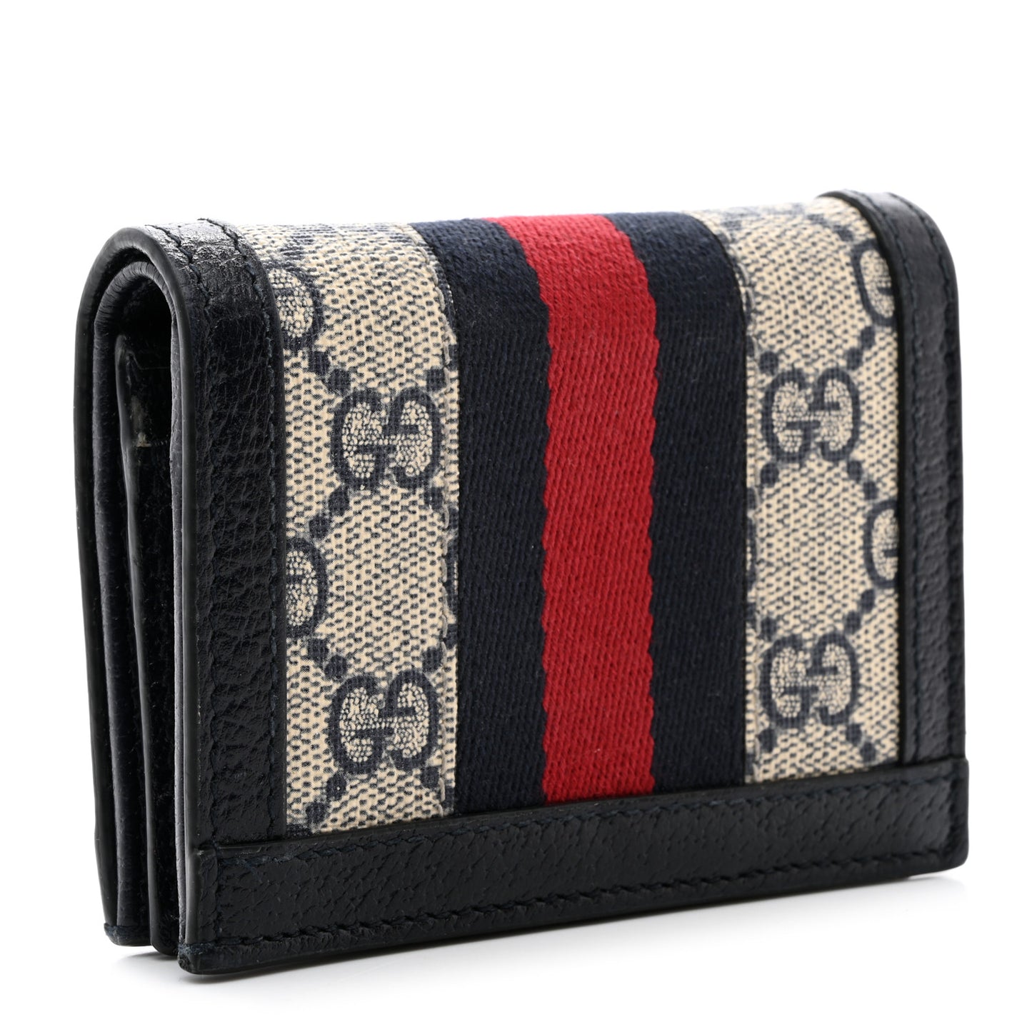 GG Supreme Monogram Textured Dollar Calfskin Web Ophidia Card Case Beige Blue
