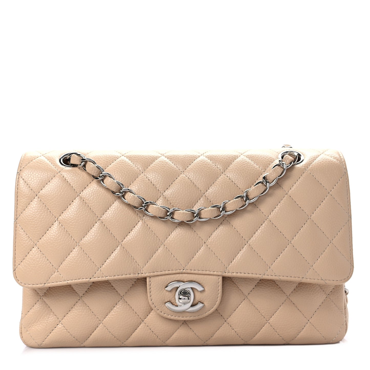Caviar Quilted Medium Double Flap Beige