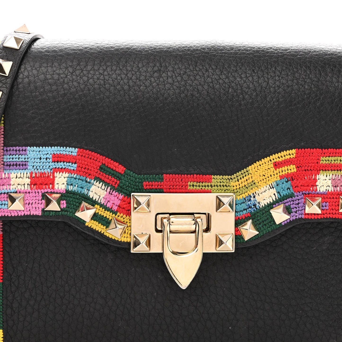 Pebbled Calfskin Embroidered Medium Rockstud Flip Lock Crossbody Bag Black