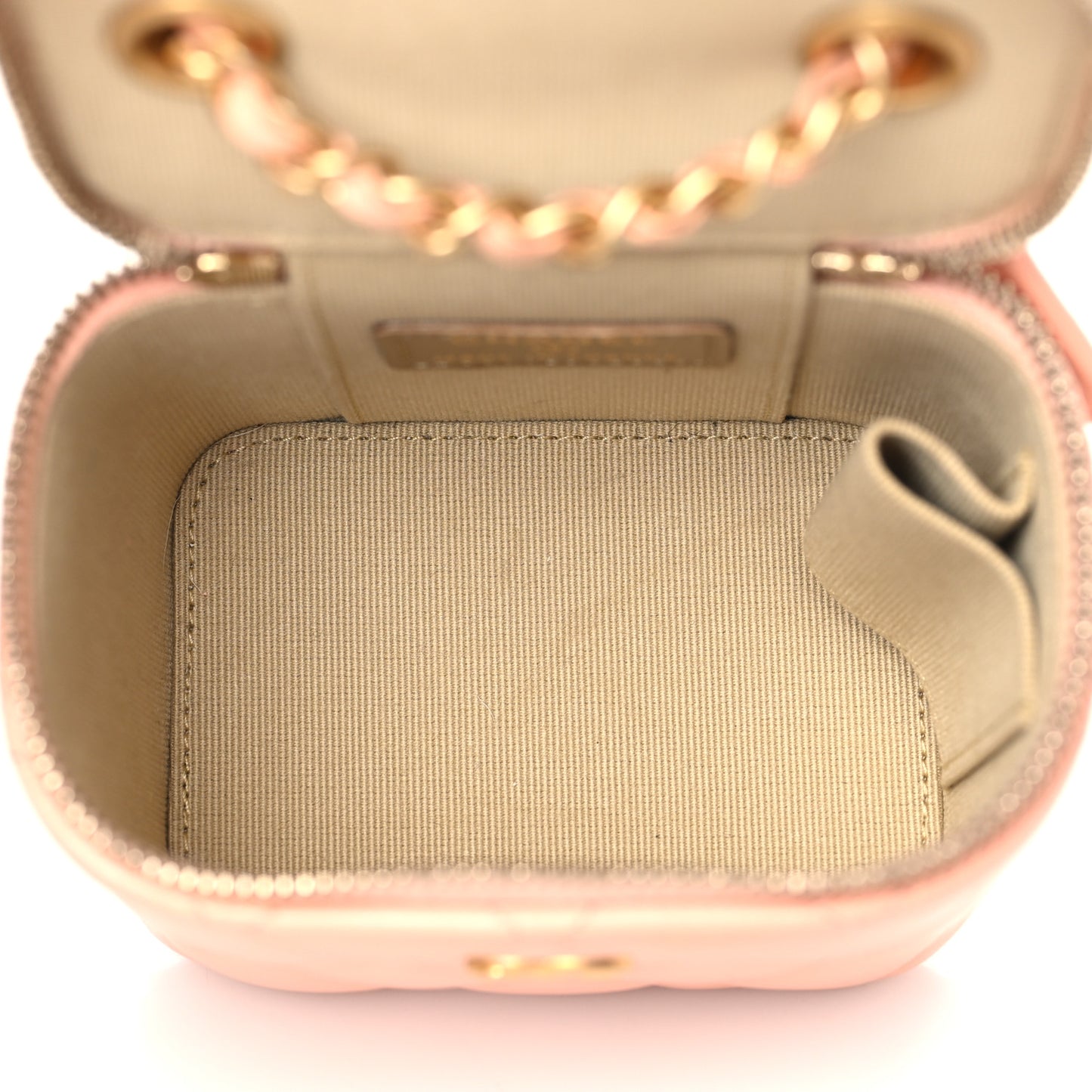 Lambskin Quilted Pearl Crush Mini Vanity Case With Chain Beige