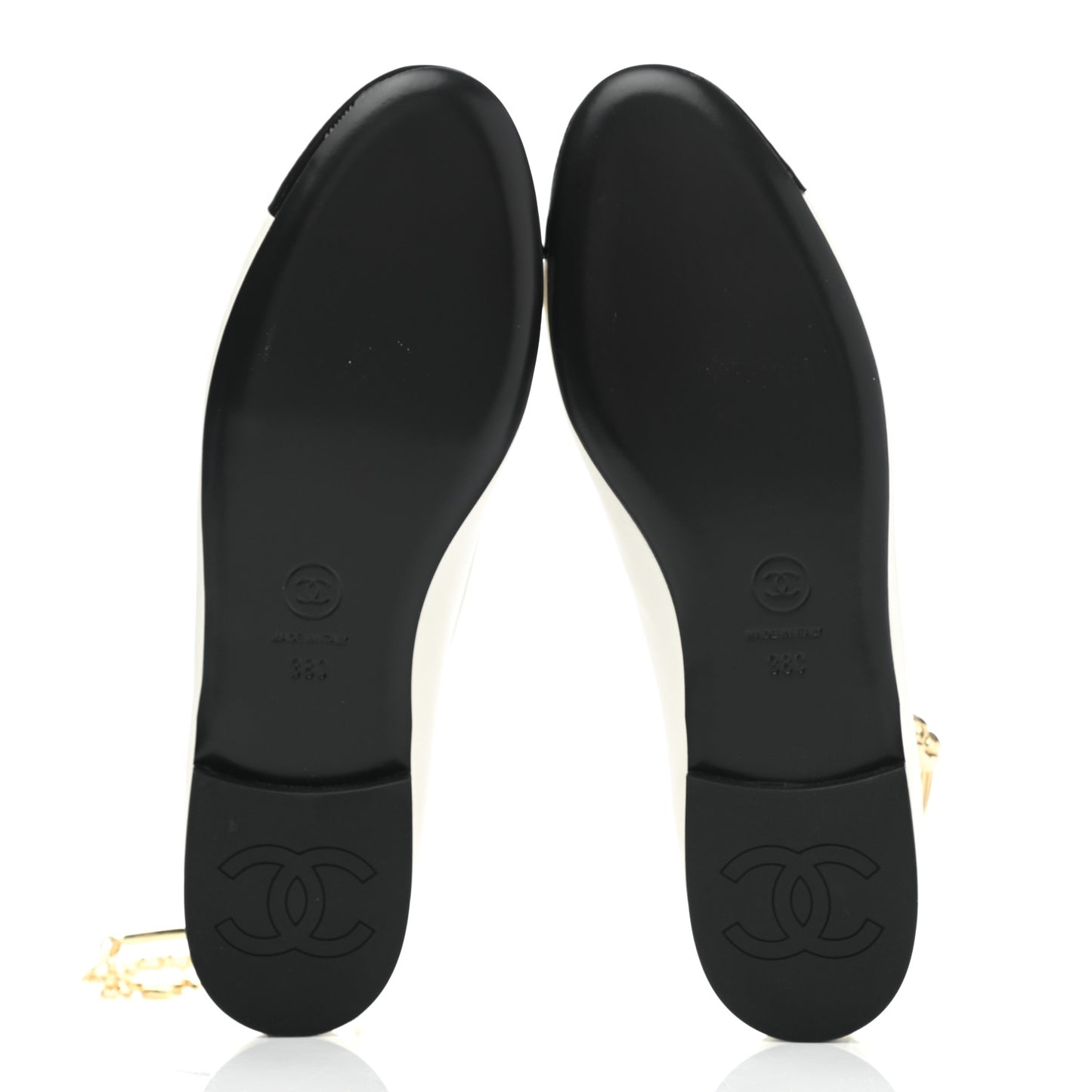 Lambskin Patent Calfskin Cap Toe Ankle Chain Ballerina Flats 38 White Black