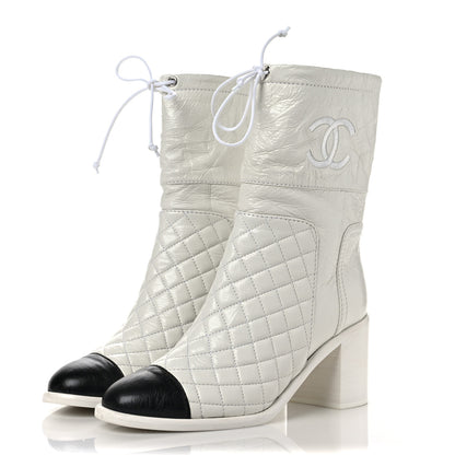 Chanel Crumpled Calfskin Quilted Cap Toe Short Boots 37.5 White Black 3 of 14
