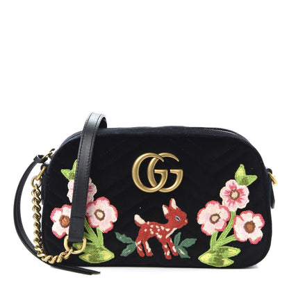Gucci Velvet Matelasse Deer Embroidered Small GG Marmont Chain Shoulder Bag Black 1 of 9