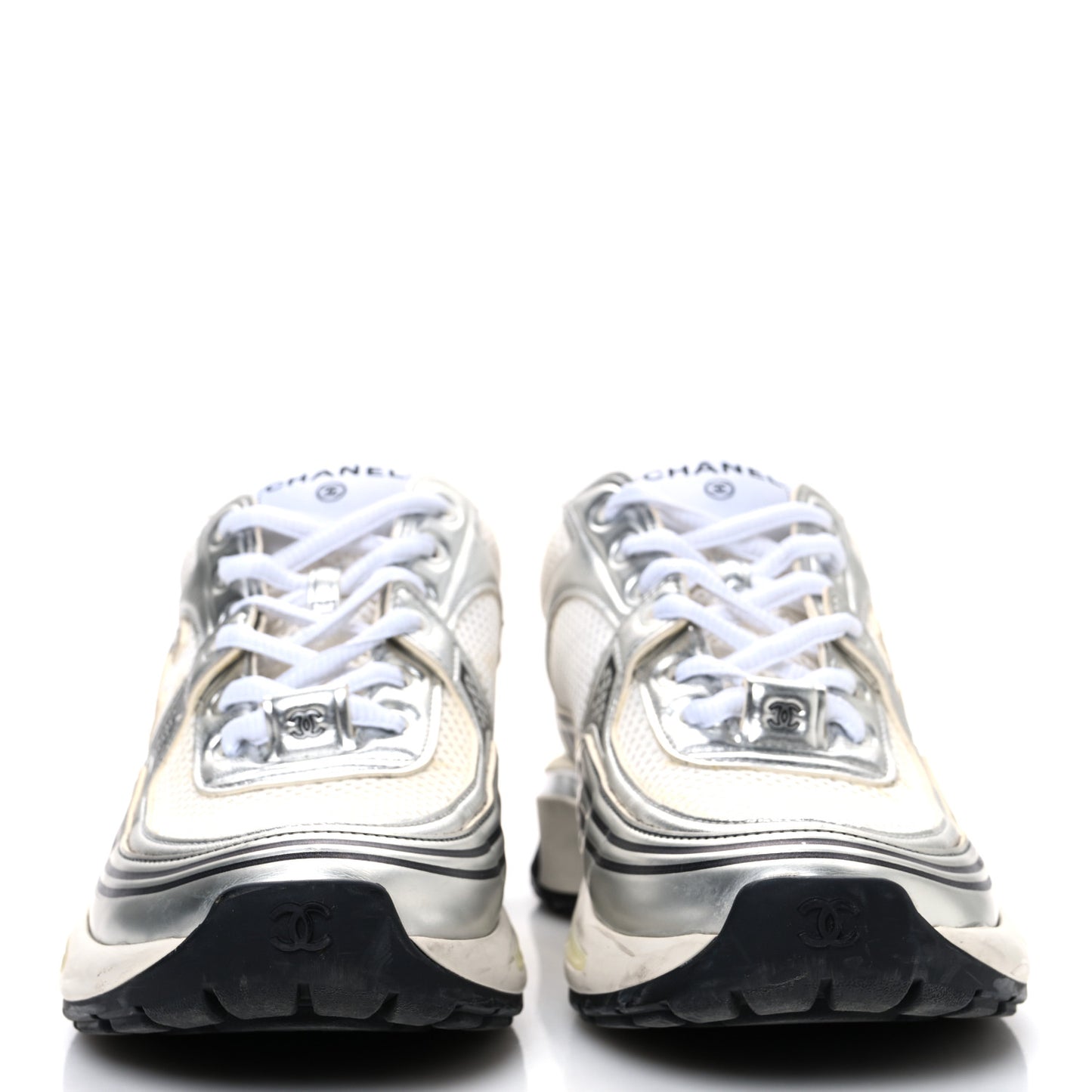 Fabric Laminated Calfskin Stretch CC Sneakers 38 White Silver