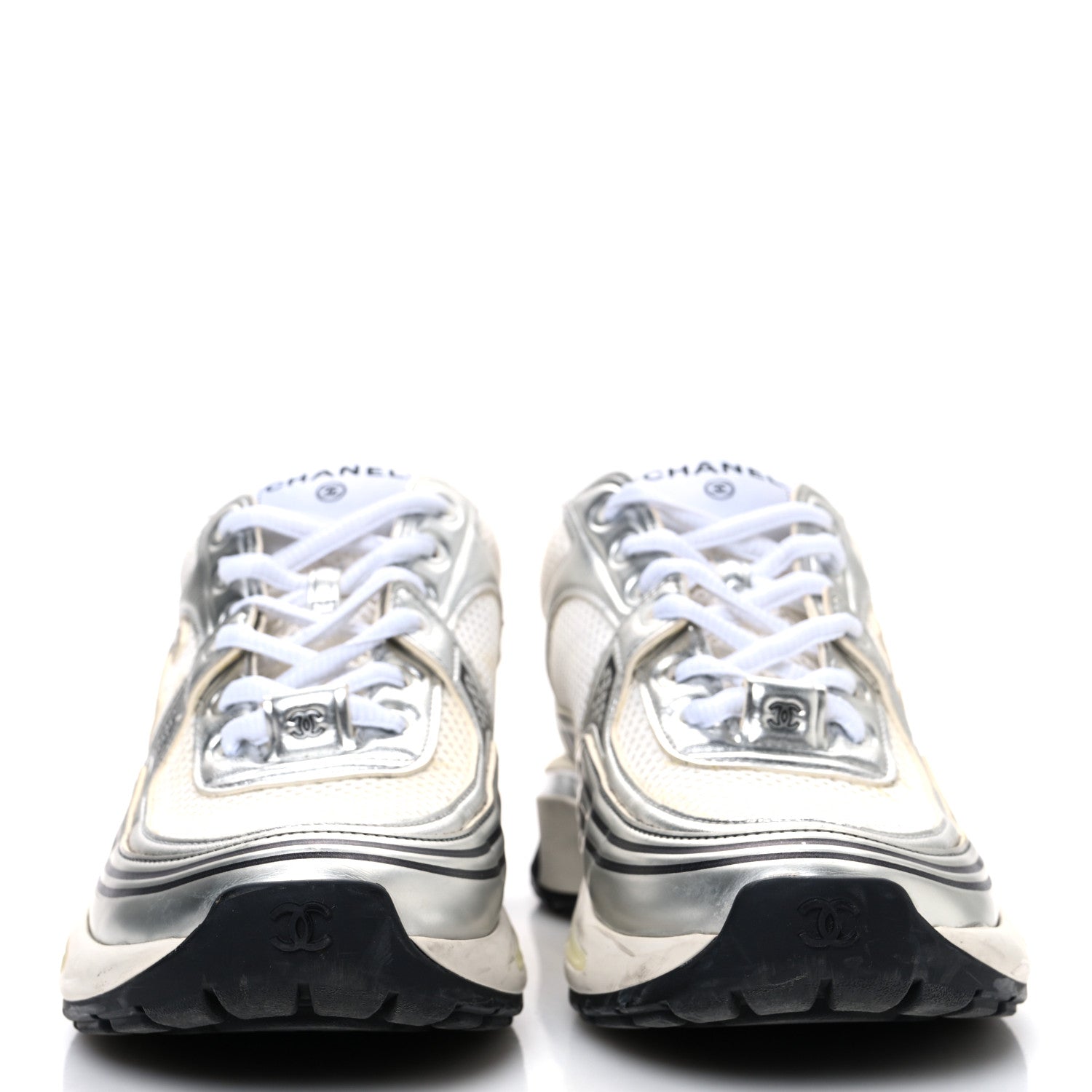 Chanel Fabric Laminated Calfskin Stretch CC Sneakers 38 White Silver 3 of 11