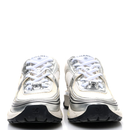 Chanel Fabric Laminated Calfskin Stretch CC Sneakers 38 White Silver 3 of 11