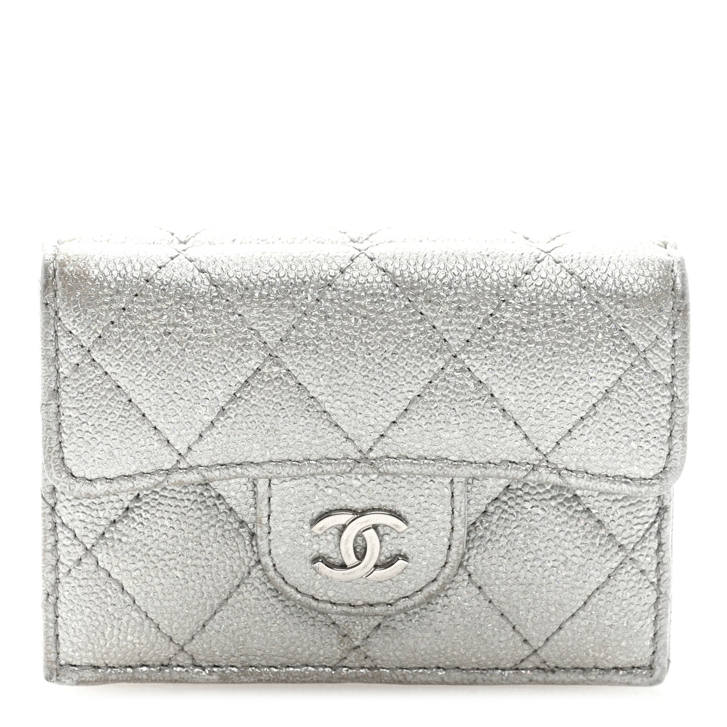 Caviar Quilted Double Flap Wallet Silver