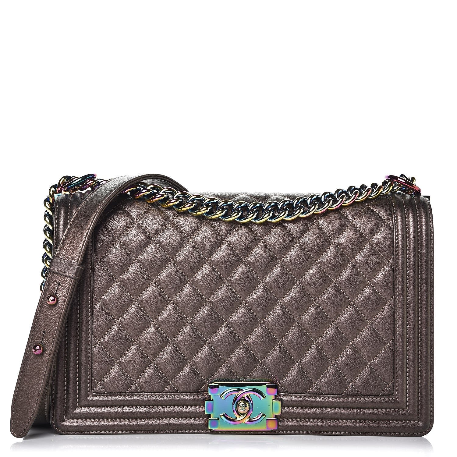 Chanel Iridescent Goatskin Quilted New Medium Boy Flap Dark Gold 1 of 8